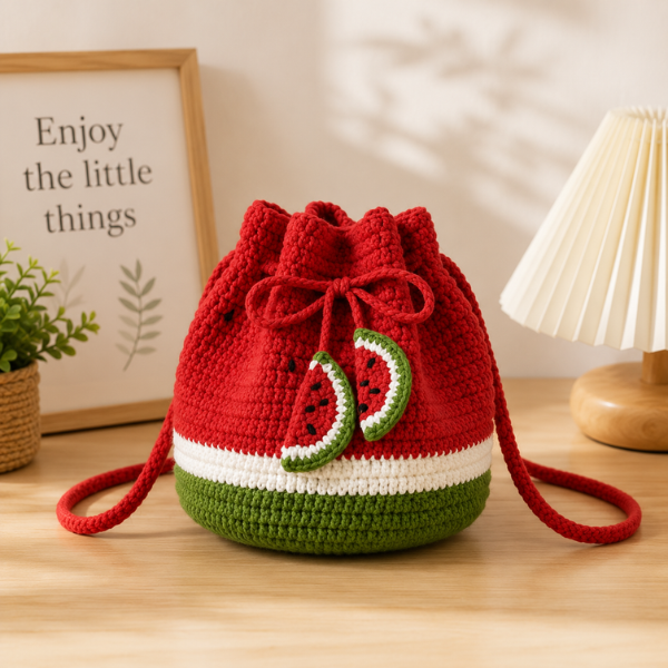 Handmade Crochet Watermelon Drawstring Bag