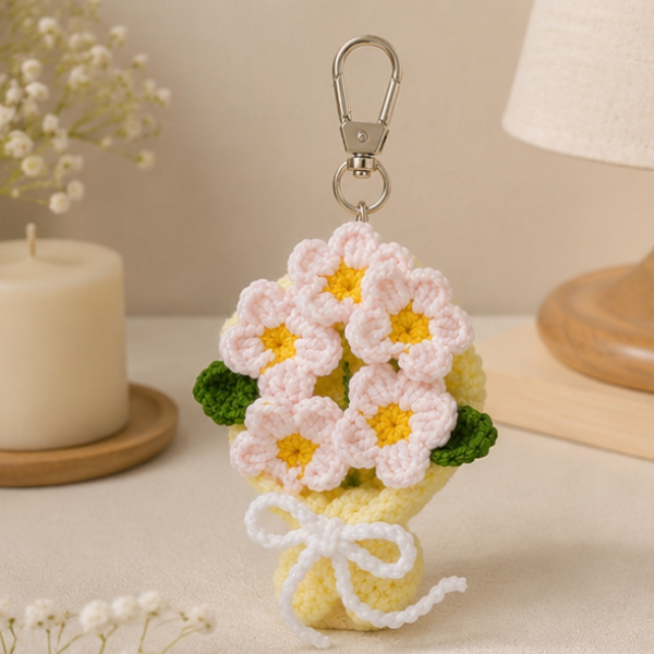 Handmade Crochet Multi Flower Bouquet Keychain, Amigurumi Flower Plant Charm, Bag Accessory