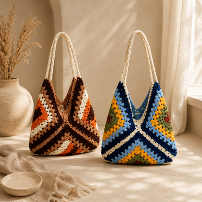 Handmade Crochet Colorblock Granny Tote Bag