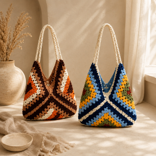 Handmade Crochet Colorblock Granny Tote Bag