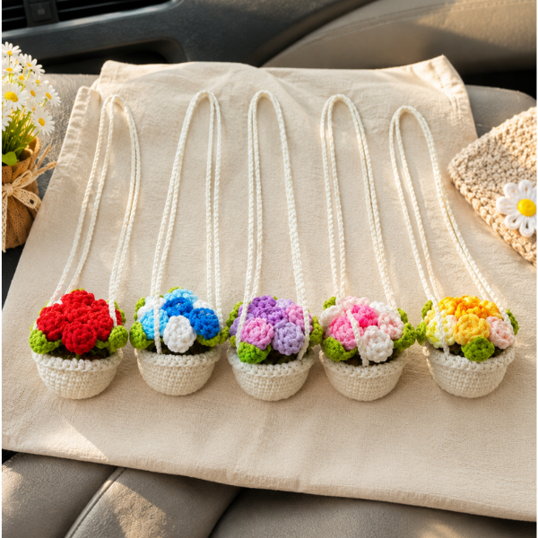 Handmade Crochet Cute Rose Flower Pot Car Hanging