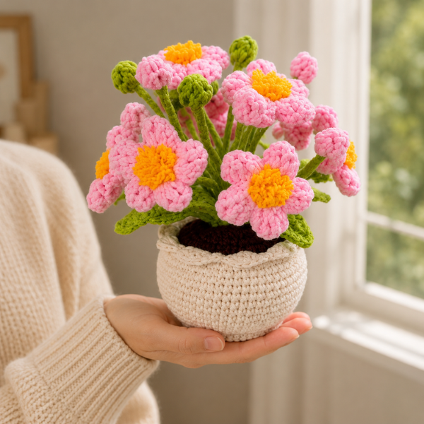 Handmade Crochet Cute Pink Daisy With Buds Flower Pot