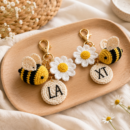 Handmade Crochet Personalized Name Bee Daisy Keychain