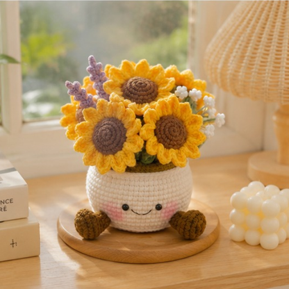 Handmade Crochet Adorable Smiling Sunflower Pot