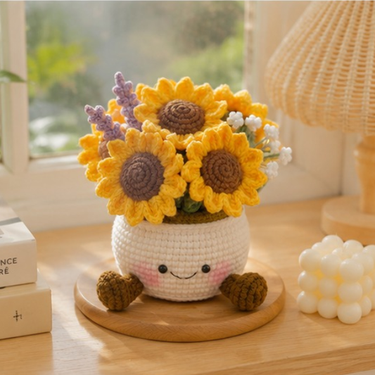 Handmade Crochet Adorable Smiling Sunflower Pot