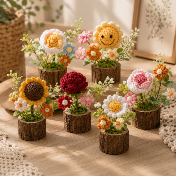 Handmade Crochet Bouquet Mini Forever Flower Wooden Pot