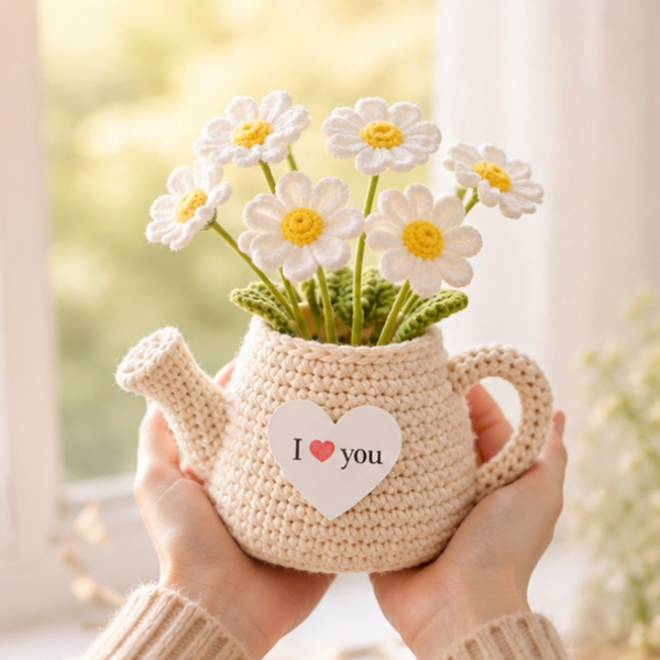 Handmade Crochet I Love You Multi Daisy Teapot, Handmade Flower Pot Anniversary Gift, Crochet Daisy, Desktop Decor
