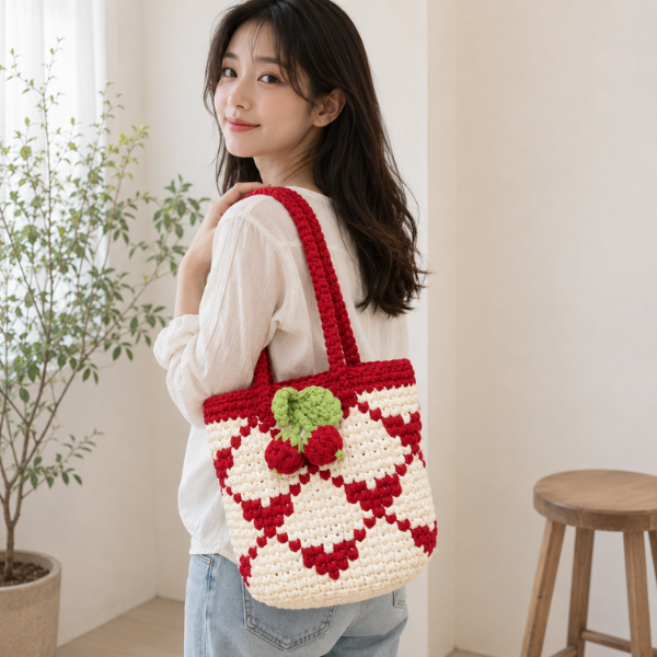 Handmade Crochet Cherry Checker Tote Bag