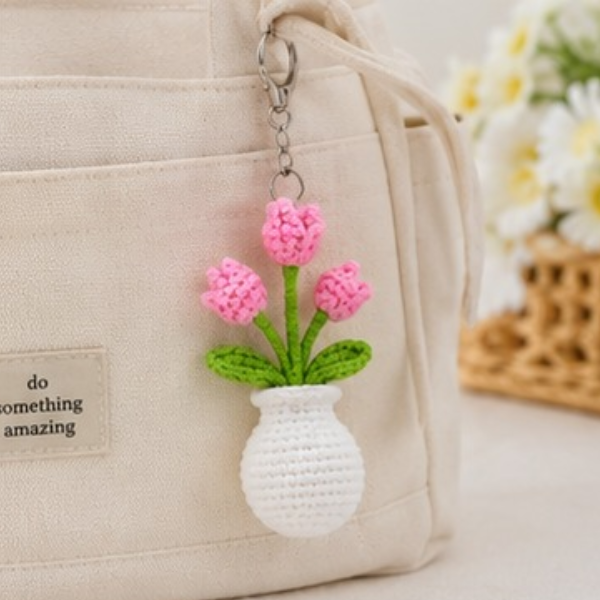 Handmade Crochet Tulip Flower Vase Keychain