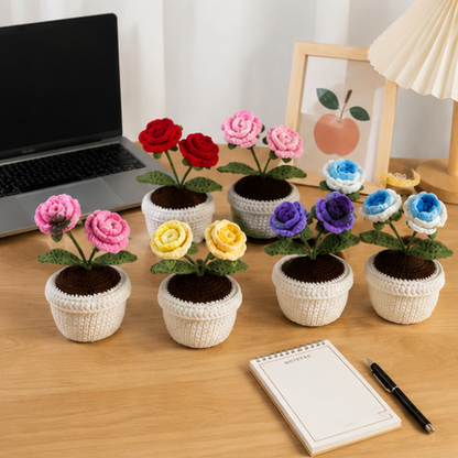 Handmade Crochet Twin Rose Flower Pot