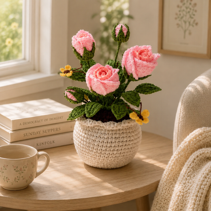 Handmade Crochet Pink Rose With Yellow Butterfly Flower Pot