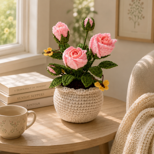 Handmade Crochet Pink Rose With Yellow Butterfly Flower Pot