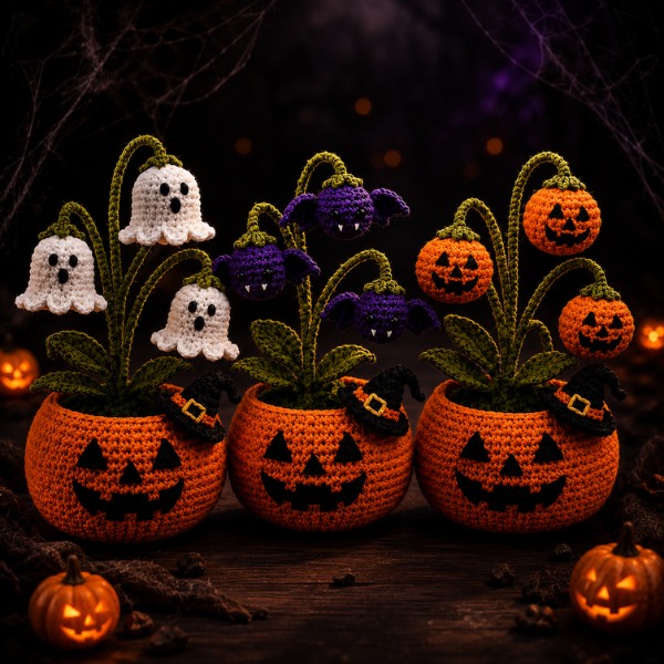 Handmade Crochet Halloween Pumpkin Ghost Pot