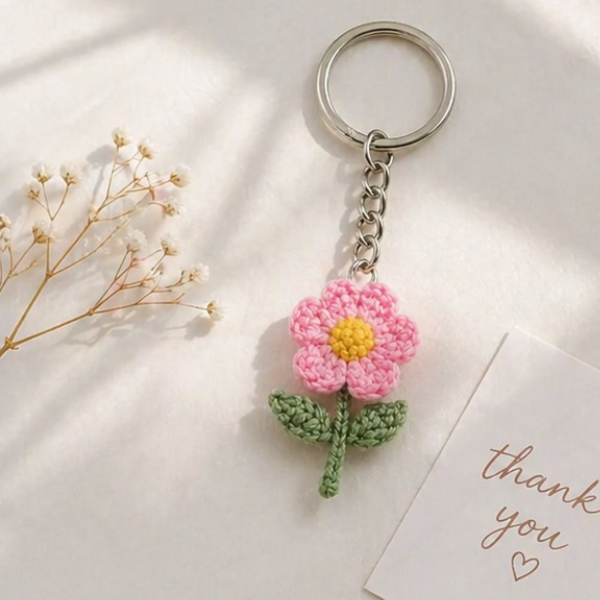 Handmade Crochet Peach Blossom Flower Keychain