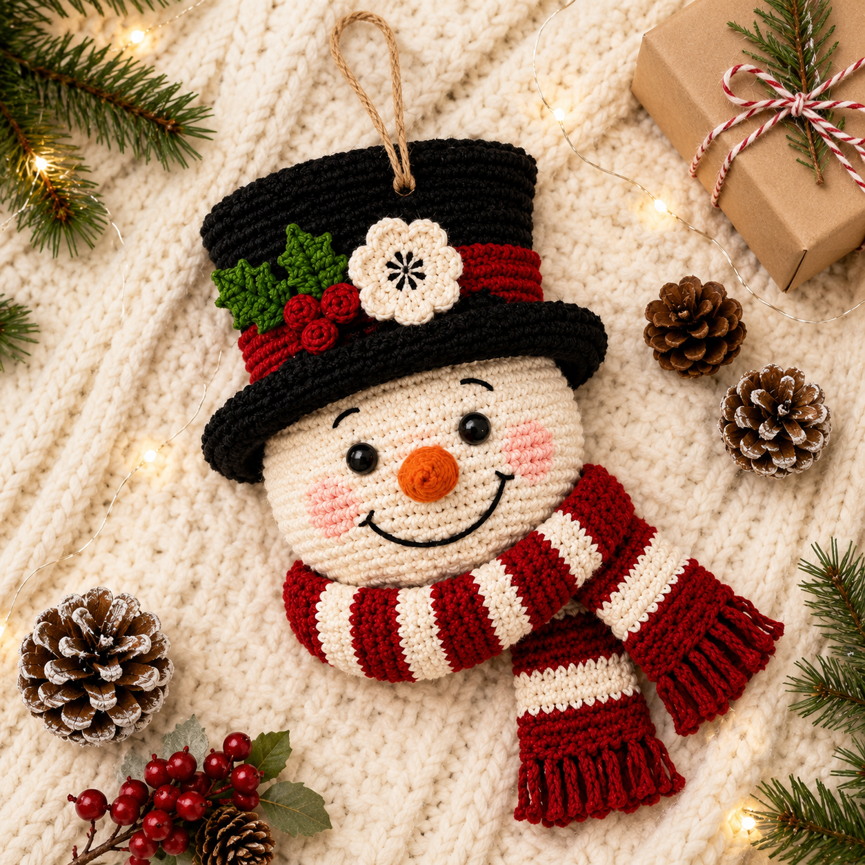Handmade Crochet Christmas Snowman Wall Hanging