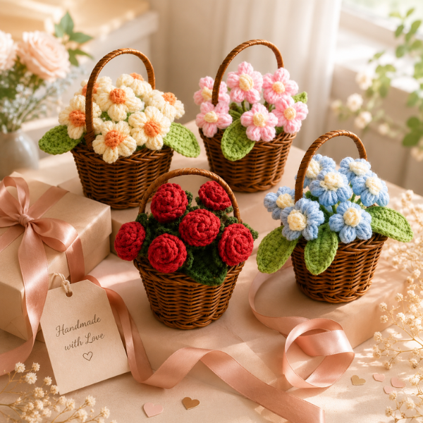 Handmade Crochet Daisy Rose Flower Bouquet Basket