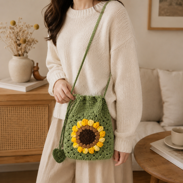 Handmade Crochet Boho Sunflower Drawstring Bag