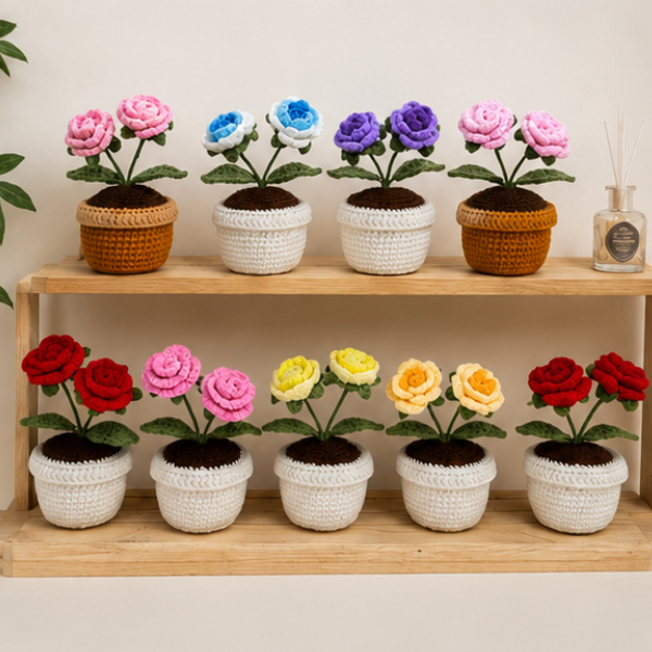 Handmade Crochet Twin Rose Flower Pot