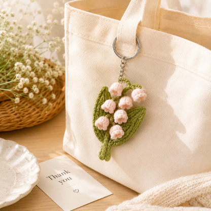 Handmade Crochet Pink Lily Of The Valley Keychain
