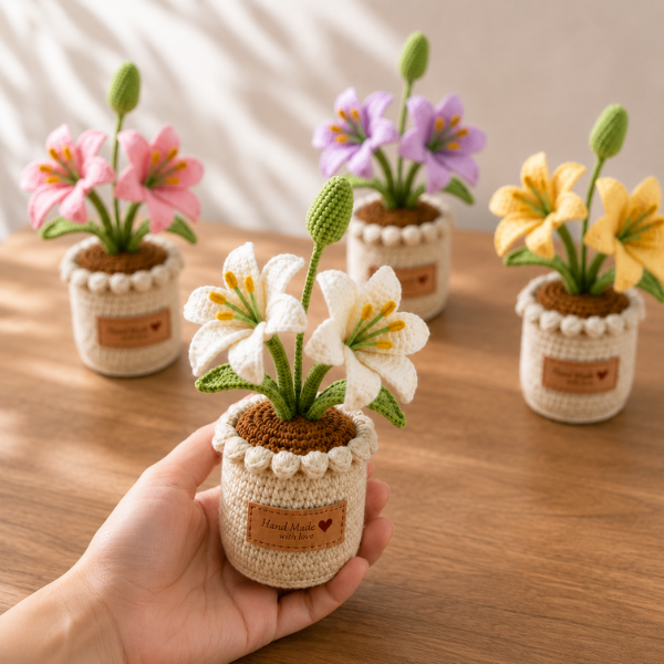 Handmade Crochet Lily Flower Bouquet Mini Pot