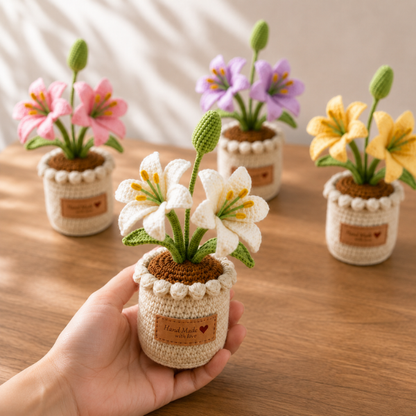 Handmade Crochet Lily Flower Bouquet Mini Pot