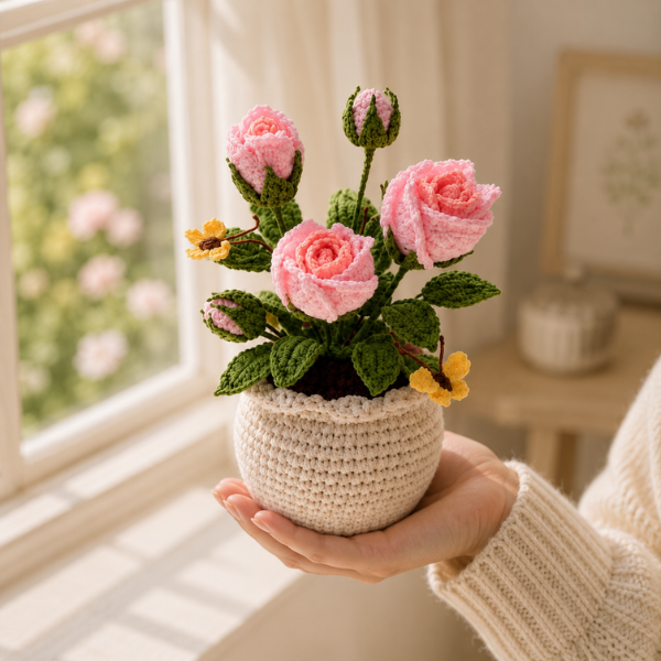 Handmade Crochet Pink Rose With Yellow Butterfly Flower Pot