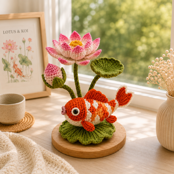Handmade Crochet Koi Fish Lotus Flower Arrangement