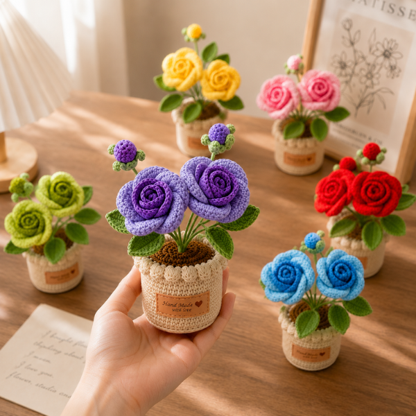 Handmade Crochet Rose Flower Bouquet Mini Pot