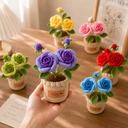 Handmade Crochet Rose Flower Bouquet Mini Pot