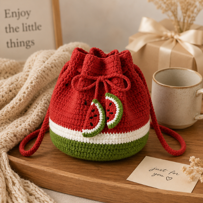 Handmade Crochet Watermelon Drawstring Bag