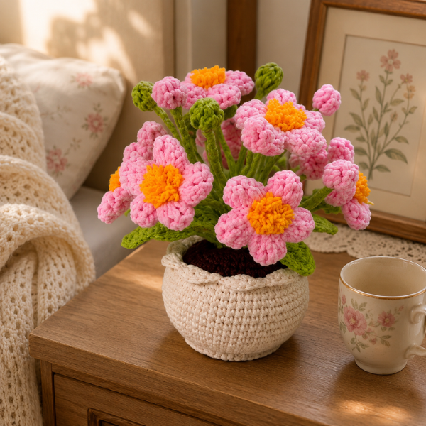 Handmade Crochet Cute Pink Daisy With Buds Flower Pot