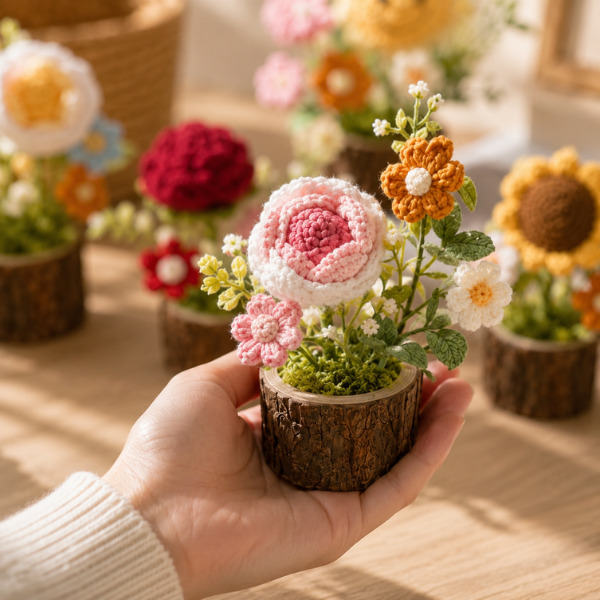 Handmade Crochet Bouquet Mini Forever Flower Wooden Pot