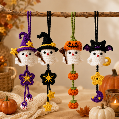 Handmade Crochet Halloween Ghost Witch, Pumpkin & Bat Decor Car Hanging