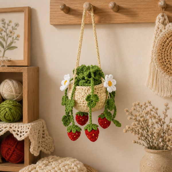Handmade Crochet Strawberry Mix Daisy Flower Vine Car Hanging
