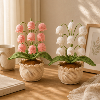 Handmade Crochet Pink And White Lily Of The Valley Flower Pot