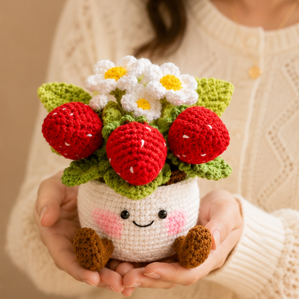 Handmade Crochet Strawberry Daisy Garden Pot