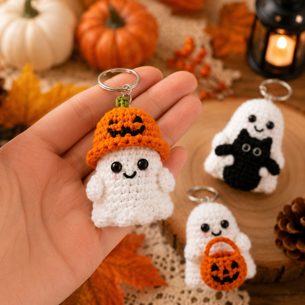 Handmade Crochet Halloween Spooky Cute Ghost Keychain