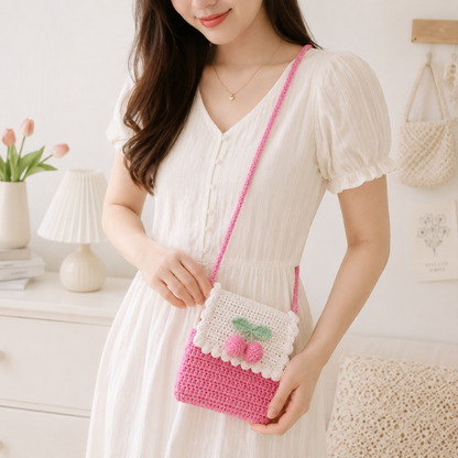 Handmade Crochet Kawaii Cherry Drawstring Bag