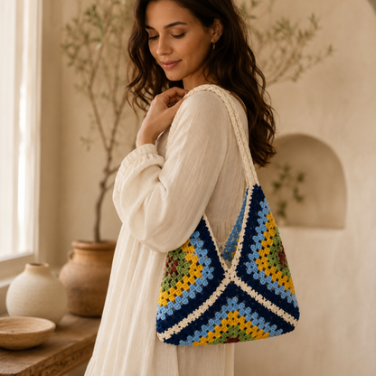 Handmade Crochet Colorblock Granny Tote Bag