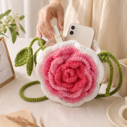 Handmade Crochet Pink Rose Crossbody Bag