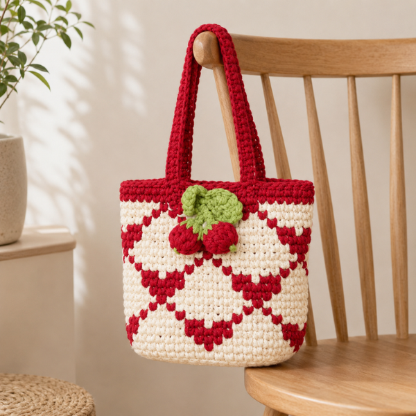 Handmade Crochet Cherry Checker Tote Bag