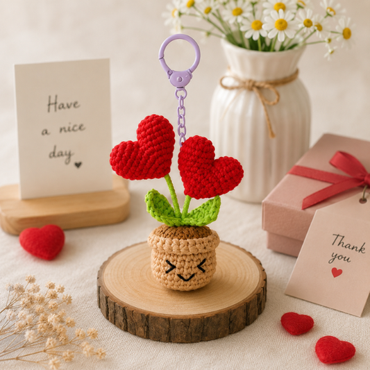 Handmade Crochet Heart Flower Pot Keychain