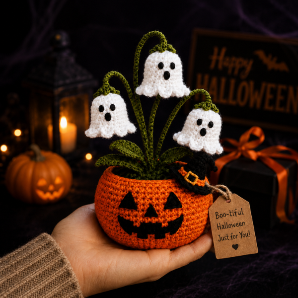 Handmade Crochet Halloween Pumpkin Ghost Pot