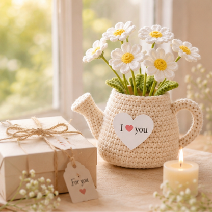 Handmade Crochet I Love You Multi Daisy Teapot, Handmade Flower Pot Anniversary Gift, Crochet Daisy, Desktop Decor