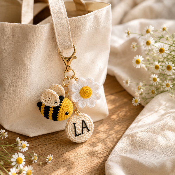 Handmade Crochet Personalized Name Bee Daisy Keychain