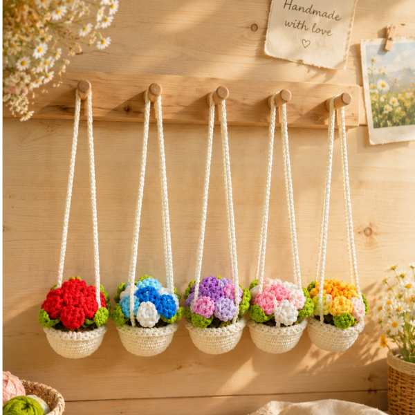 Handmade Crochet Cute Rose Flower Pot Car Hanging