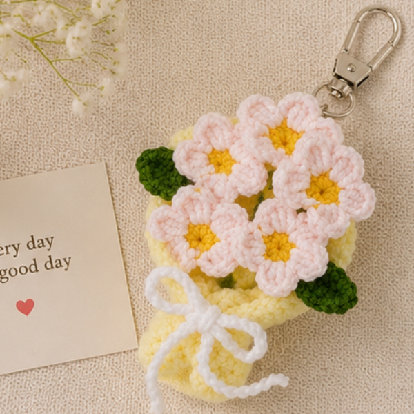 Handmade Crochet Multi Flower Bouquet Keychain, Amigurumi Flower Plant Charm, Bag Accessory