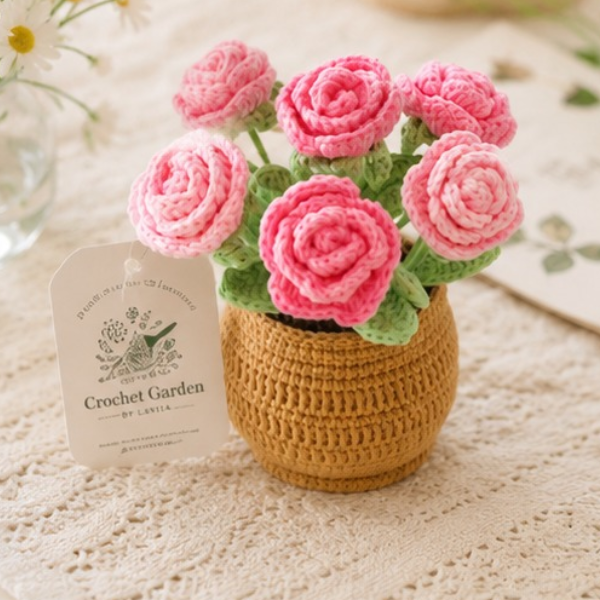 Handmade Crochet Multi Rose Flower Basket