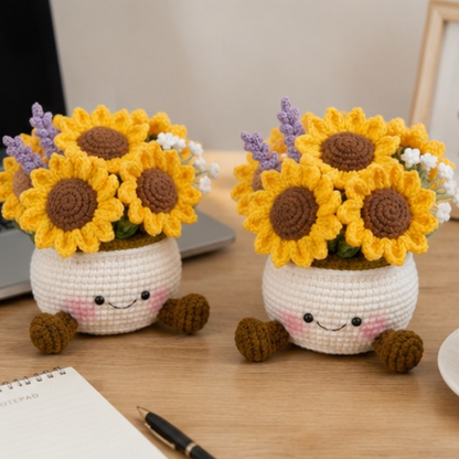 Handmade Crochet Adorable Smiling Sunflower Pot