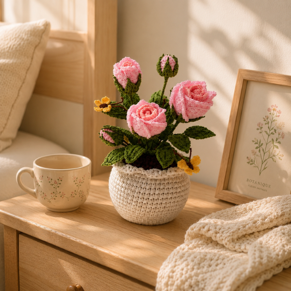 Handmade Crochet Pink Rose With Yellow Butterfly Flower Pot